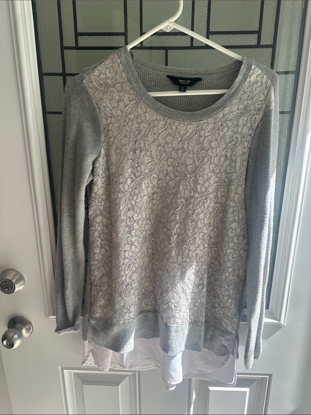 Light Gray Lace-Front Layered Hem Sweatshirt